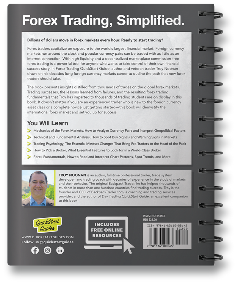 Forex Trading QuickStart Guide by Troy Noonan ISBN 978-1-63610-026-5 in spiral-bound format. 