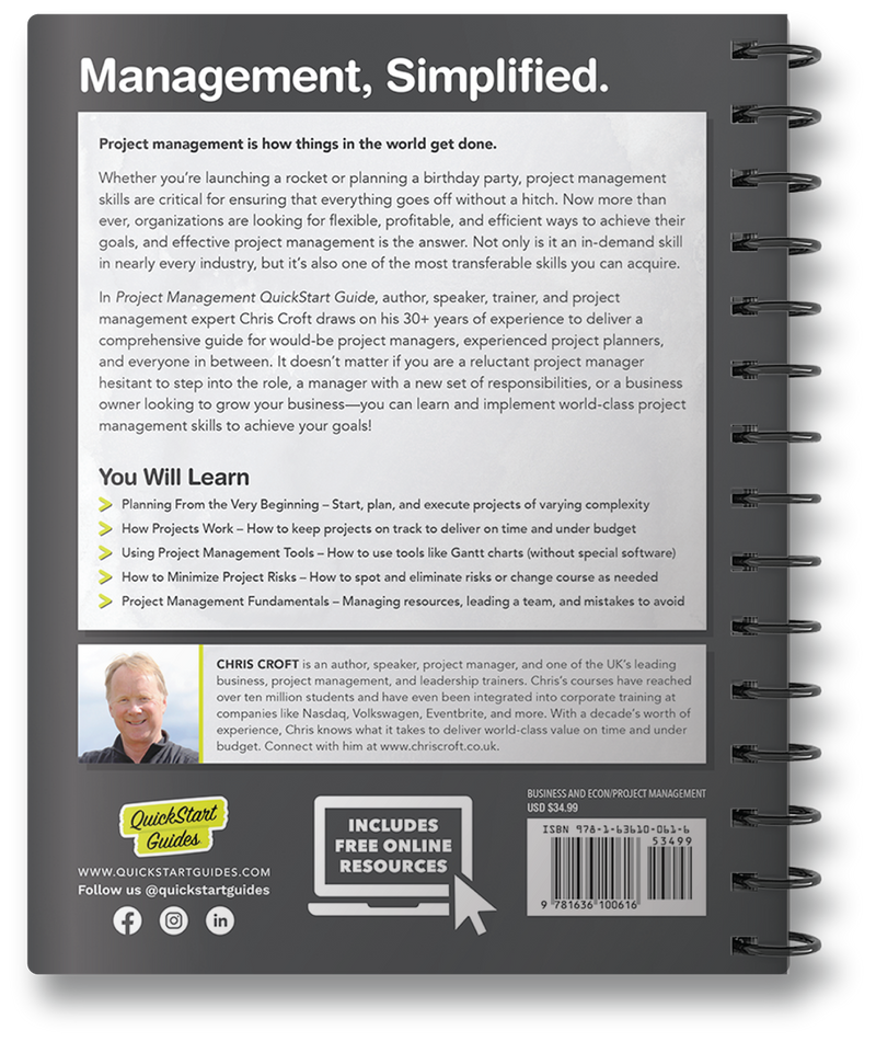 Project Management QuickStart Guide by Chris Croft ISBN 978-1-63610-061-6 in spiral-bound format. 