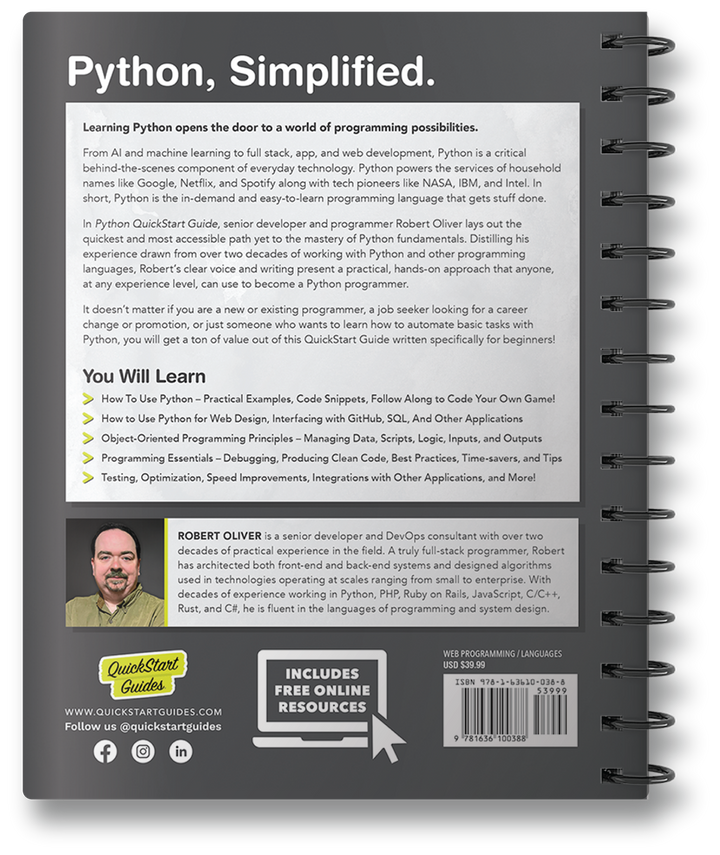 Python QuickStart Guide by Robert Oliver ISBN 978-1-63610-038-8 in spiral-bound format. #format_spiral-bound