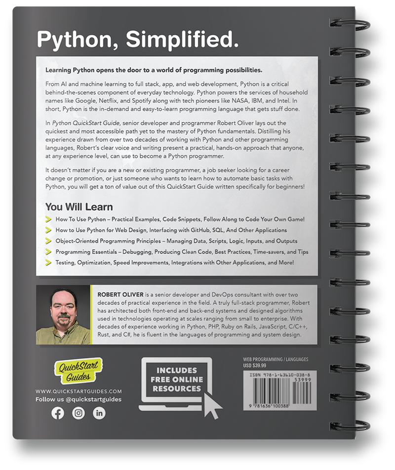Python QuickStart Guide by Robert Oliver ISBN 978-1-63610-038-8 in spiral-bound format. 