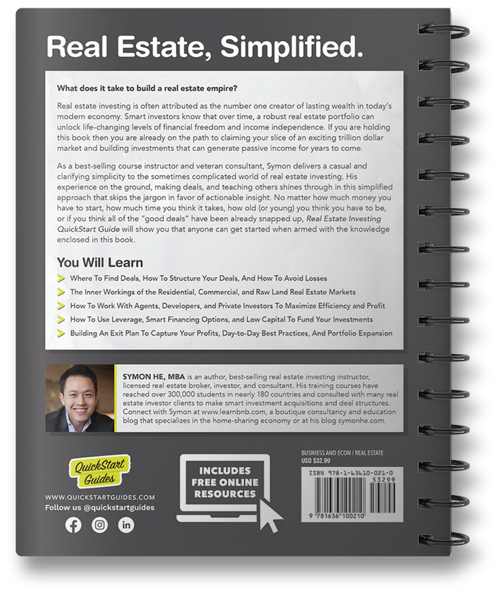 Real Estate Investing QuickStart Guide by Symon He MBA ISBN 978-1-63610-021-0 in spiral-bound format. #format_spiral-bound